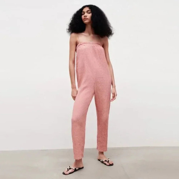 Zara Gauze Cotton Blend Sleeveless Jumpsuit Dusty Rose Pink Size Small - Picture 3 of 10
